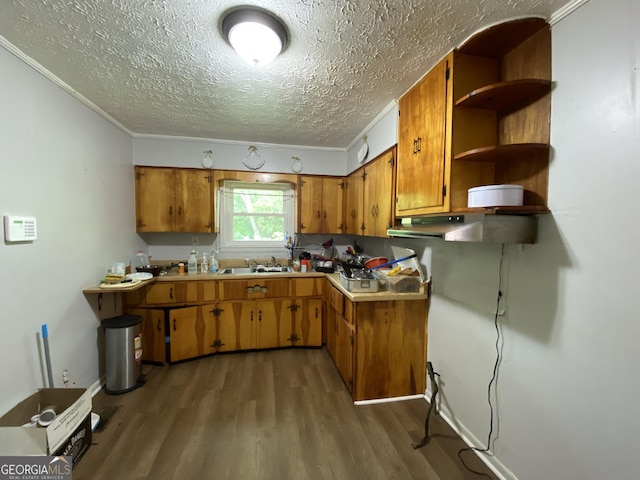 kitchen featuring brown cabinets, a textured ceiling, wood finished floors, crown molding, and a sink