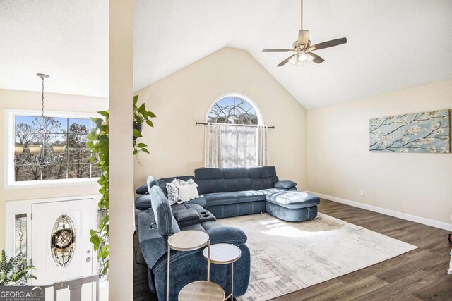 7760 Poppy Dr, Winston, GA 30187 - living room featuring high vaulted ceiling, baseboards, a ceiling fan, and wood finished floors