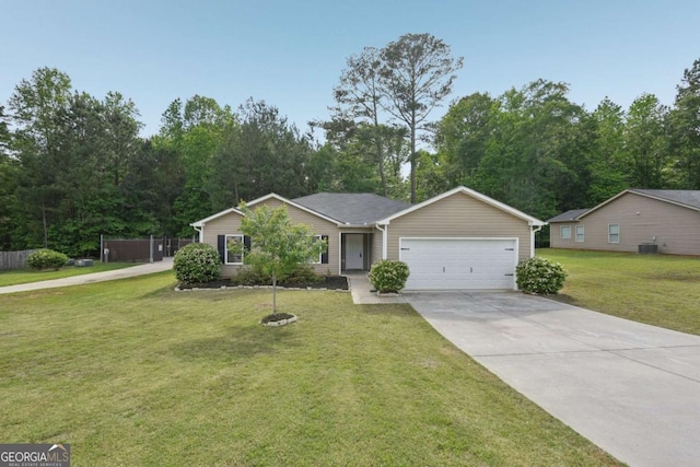 ranch-style home with concrete driveway, a front yard, central air condition unit, and an attached garage