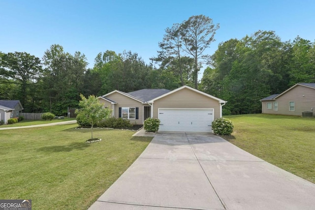 ranch-style house featuring a front lawn, driveway, cooling unit, and a garage