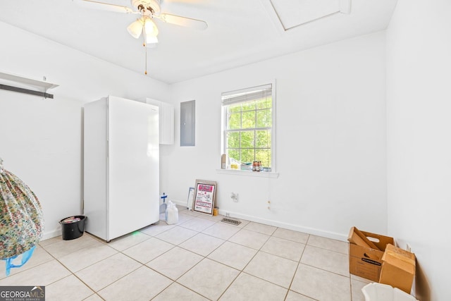 303 Jennys Cove Rd, Cleveland, GA 30528 - unfurnished room featuring light tile patterned floors, a ceiling fan, electric panel, visible vents, and baseboards