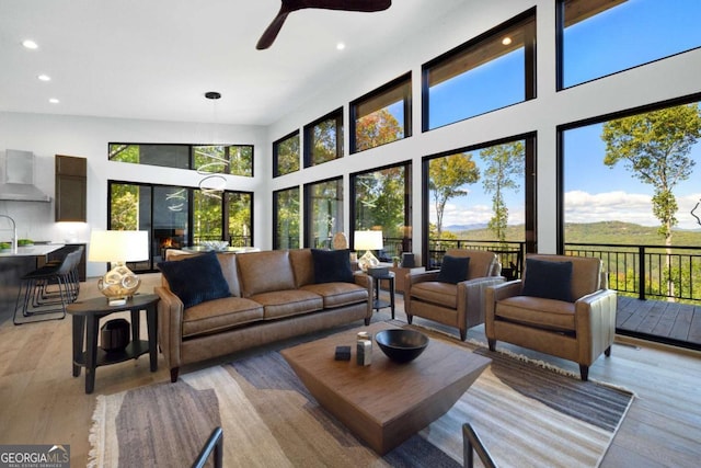 714 Scouts Overlook, Morganton, GA 30560 - living room featuring recessed lighting, plenty of natural light, a ceiling fan, and light wood-type flooring