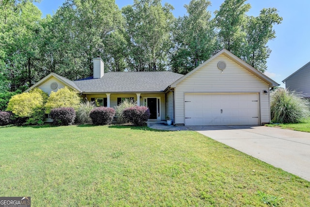 ranch-style home with an attached garage, driveway, a chimney, and a front yard