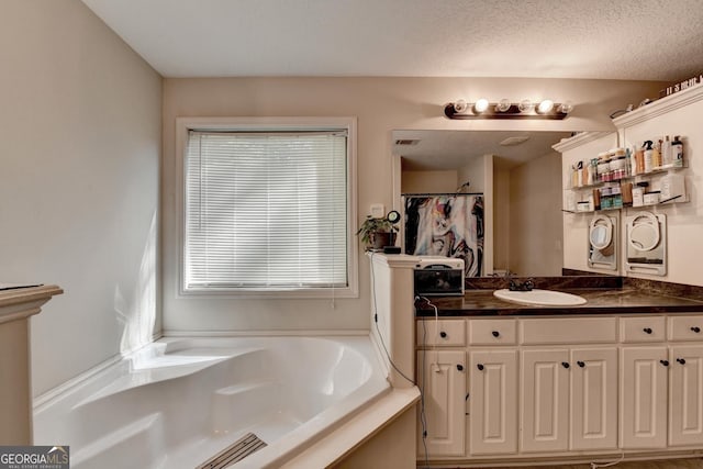 bathroom with healthy amount of natural light, a bath, and vanity