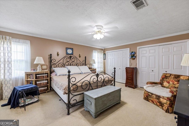 540 Commanche Dr, Macon, GA 31210 - carpeted bedroom featuring multiple windows, two closets, a textured ceiling, and crown molding