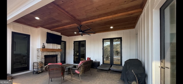 338 Grady St, Waleska, GA 30183 - view of patio / terrace with an outdoor stone fireplace, ceiling fan, grilling area, and french doors