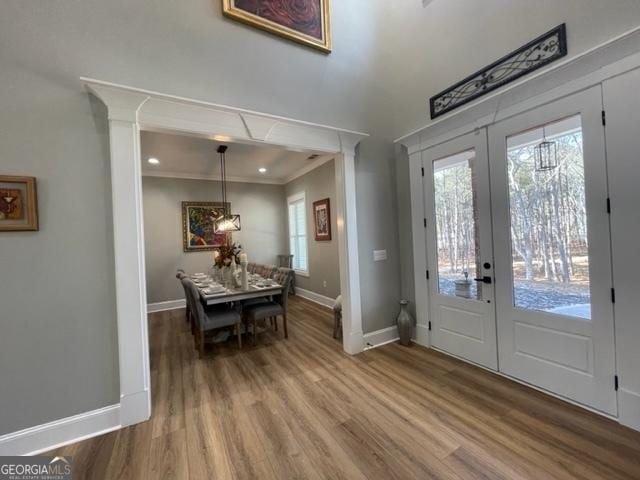338 Grady St, Waleska, GA 30183 - foyer entrance with wood finished floors, crown molding, and french doors