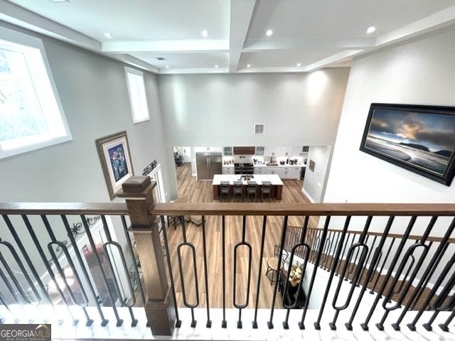 338 Grady St, Waleska, GA 30183 - living area featuring beamed ceiling, coffered ceiling, and recessed lighting