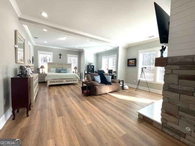 338 Grady St, Waleska, GA 30183 - living room with wood finished floors, ornamental molding, and recessed lighting