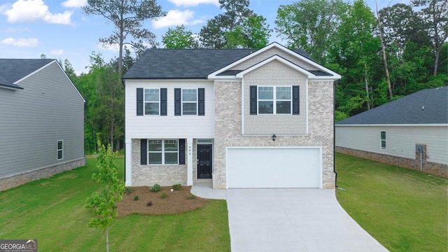 view of front of house with concrete driveway, a front lawn, brick siding, and a garage