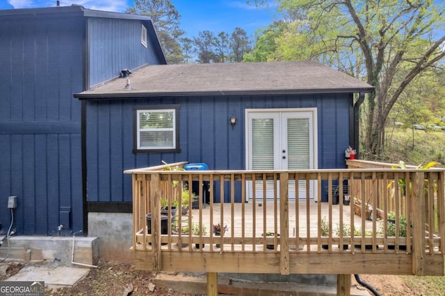 3819 Shane Ct, Ellenwood, GA 30294 - back of house with a shingled roof, french doors, and a wooden deck
