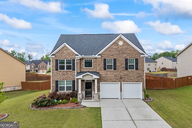 view of front of home with driveway, brick siding, an attached garage, roof with shingles, and a residential view