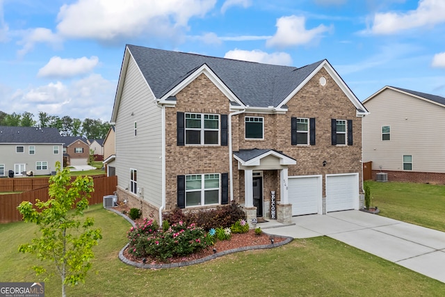 view of front of home with central AC, concrete driveway, an attached garage, and brick siding