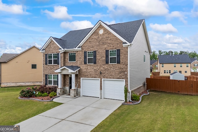 view of front of house featuring concrete driveway, an attached garage, brick siding, and roof with shingles