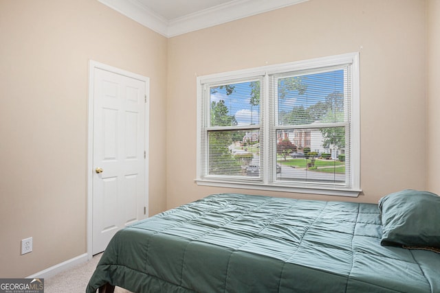 carpeted bedroom with crown molding and baseboards