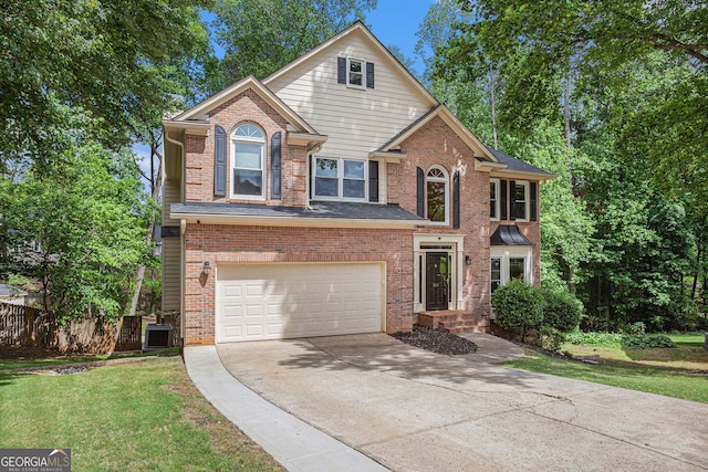 traditional home featuring driveway, a garage, brick siding, and cooling unit