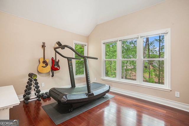 exercise room with baseboards, wood-type flooring, and lofted ceiling