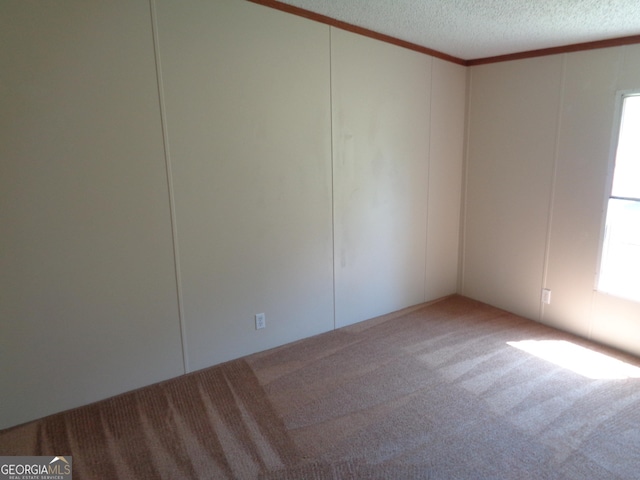 unfurnished room with carpet, a textured ceiling, a decorative wall, and ornamental molding