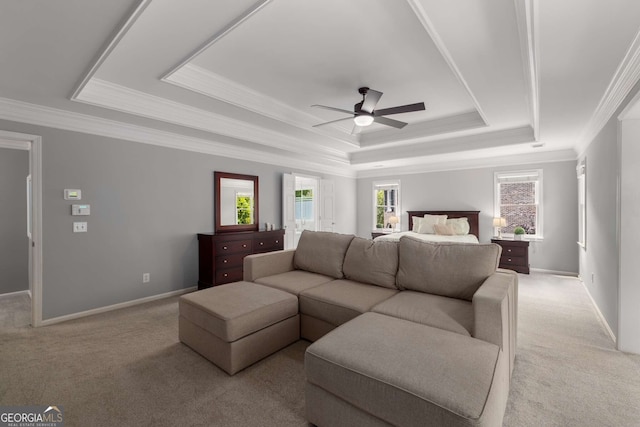 10410 High Falls Cir, Alpharetta, GA 30022 - bedroom featuring a tray ceiling, carpet flooring, multiple windows, ornamental molding, and baseboards