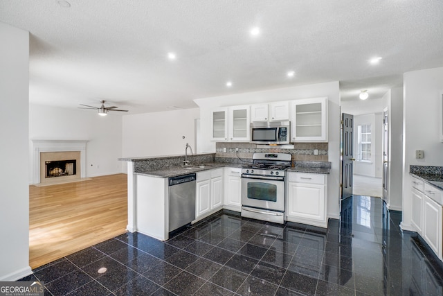 3550 Willow Tree Trce, Decatur, GA 30034 - kitchen featuring appliances with stainless steel finishes, a peninsula, granite floors, baseboards, and a ceiling fan