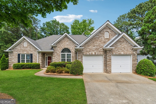 view of front of home with an attached garage, driveway, a front lawn, and brick siding