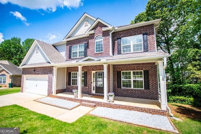 craftsman inspired home with brick siding, a porch, a garage, concrete driveway, and a shingled roof