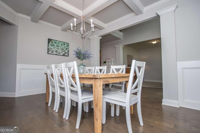 dining room with a notable chandelier, beam ceiling, decorative columns, and coffered ceiling
