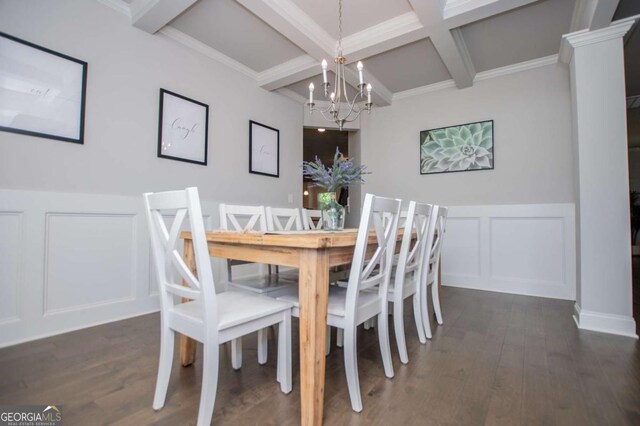 dining room with a decorative wall, beamed ceiling, coffered ceiling, a chandelier, and dark wood-style flooring