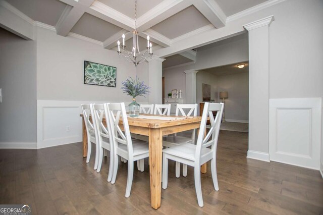 dining space featuring coffered ceiling, decorative columns, a chandelier, a wainscoted wall, and beamed ceiling