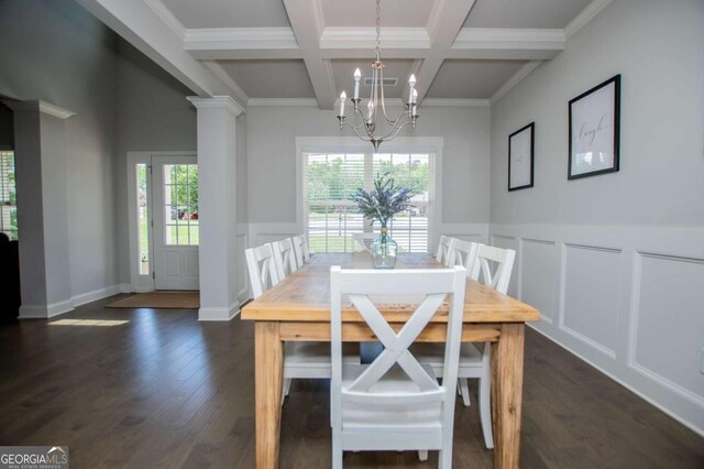 dining space featuring coffered ceiling, beam ceiling, a notable chandelier, visible vents, and dark wood-style flooring