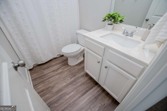 bathroom featuring wood finished floors, toilet, and vanity