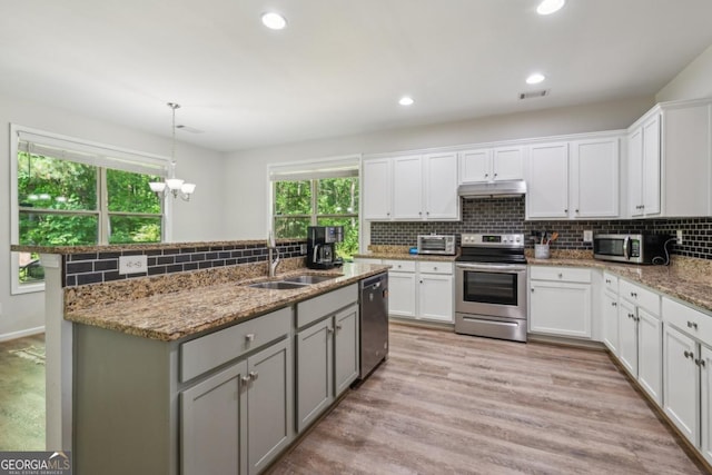 kitchen with stainless steel appliances, a sink, gray cabinets, backsplash, and under cabinet range hood