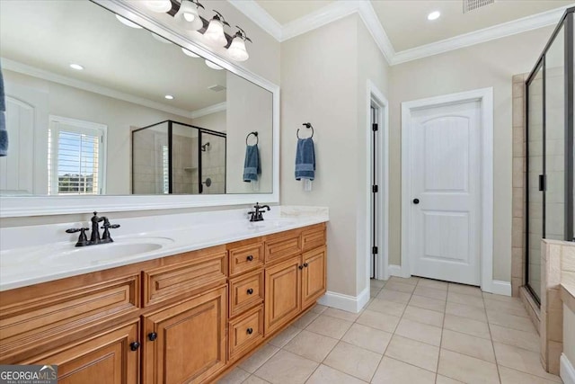 full bath featuring a shower stall, tile patterned floors, double vanity, crown molding, and recessed lighting