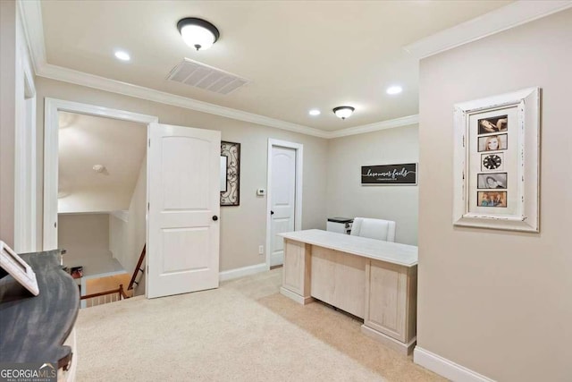 office space with recessed lighting, ornamental molding, baseboards, and light colored carpet