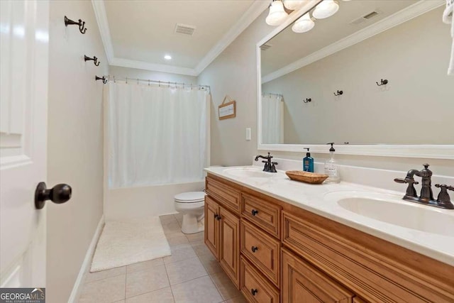 bathroom with toilet, crown molding, tile patterned flooring, double vanity, and shower / bath combo with shower curtain