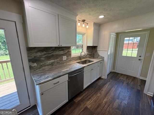 kitchen featuring a sink, white cabinets, dark wood finished floors, dishwasher, and decorative backsplash