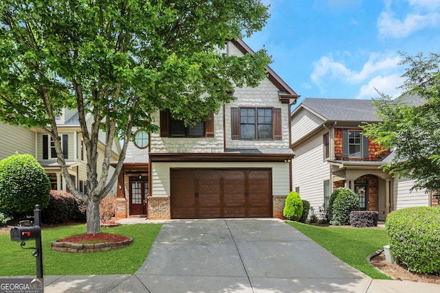 craftsman inspired home featuring driveway, brick siding, an attached garage, and a front yard