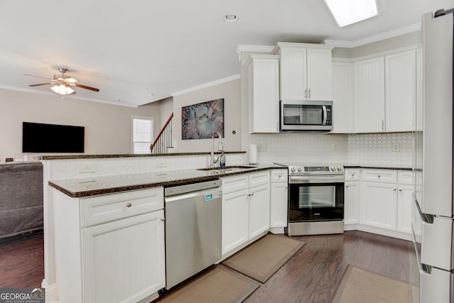 kitchen with a peninsula, stainless steel appliances, ornamental molding, and a sink