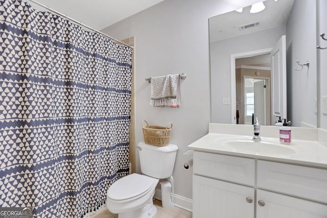 bathroom with toilet, a shower with curtain, vanity, and visible vents