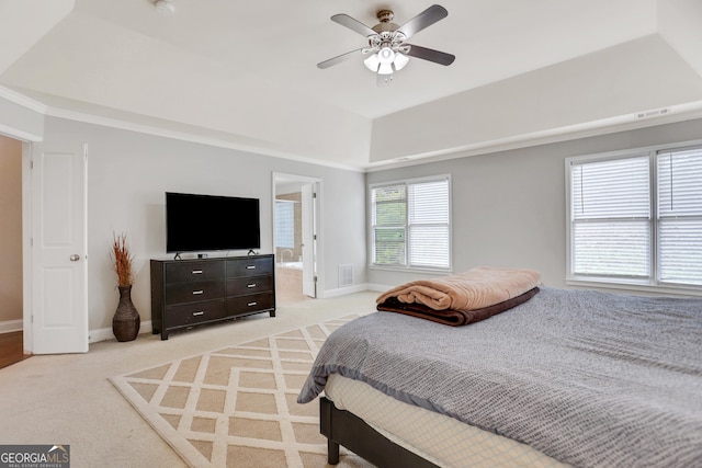 bedroom with baseboards, ceiling fan, visible vents, and light colored carpet