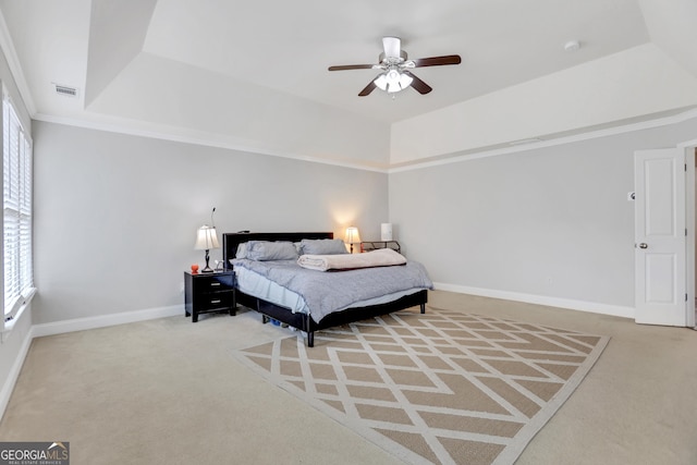 bedroom featuring ceiling fan, carpet flooring, baseboards, and visible vents
