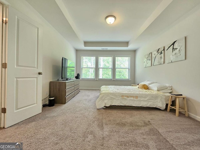 carpeted bedroom with baseboards and a tray ceiling