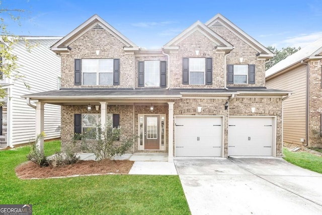 7843 Shertall St, Fairburn, GA 30213 - view of front of house with concrete driveway, an attached garage, a front lawn, and brick siding
