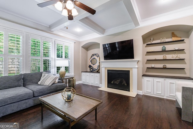 621 Oakbourne Way, Woodstock, GA 30188 - living room with ceiling fan, a fireplace with flush hearth, beam ceiling, coffered ceiling, and ornamental molding
