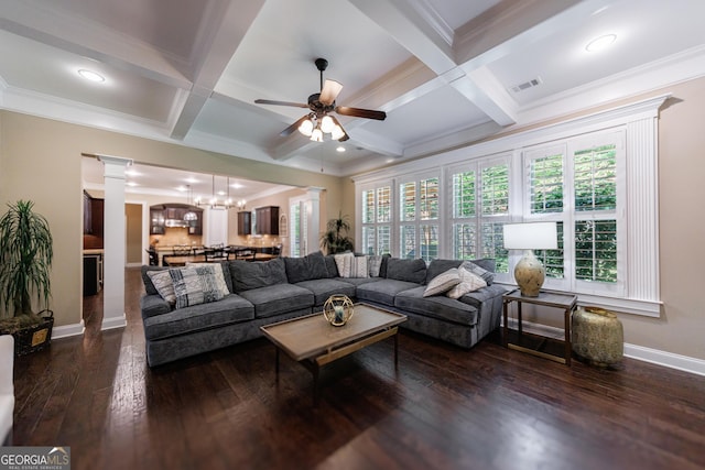 621 Oakbourne Way, Woodstock, GA 30188 - living room featuring decorative columns, coffered ceiling, ceiling fan, baseboards, and ornamental molding