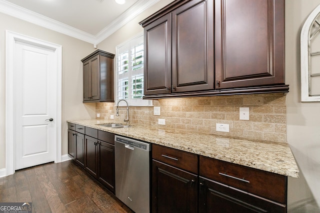 621 Oakbourne Way, Woodstock, GA 30188 - kitchen featuring dishwasher, a sink, dark wood-type flooring, dark brown cabinets, and light stone countertops