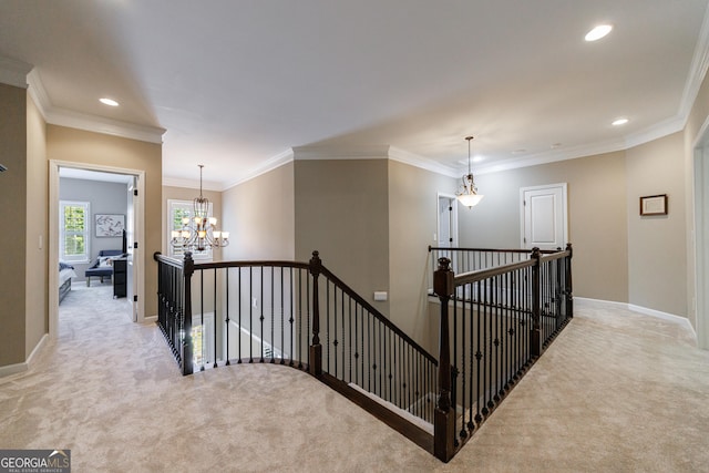 621 Oakbourne Way, Woodstock, GA 30188 - stairs featuring carpet floors, a chandelier, recessed lighting, baseboards, and ornamental molding
