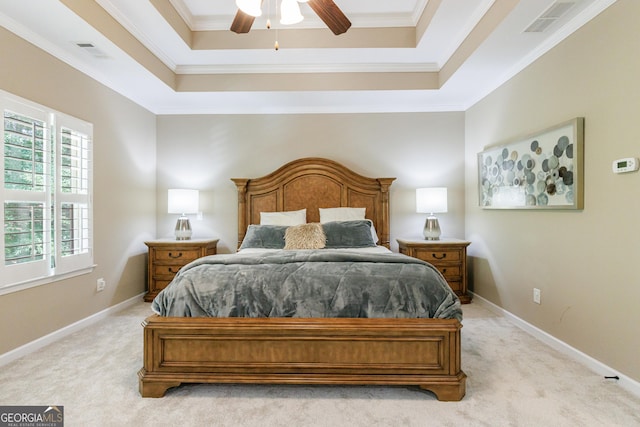 621 Oakbourne Way, Woodstock, GA 30188 - bedroom featuring light carpet, a raised ceiling, ornamental molding, and a ceiling fan
