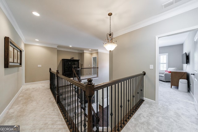 621 Oakbourne Way, Woodstock, GA 30188 - hallway with an upstairs landing, carpet, crown molding, recessed lighting, and baseboards