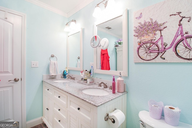 1609 Dillard Bray Rd, Royston, GA 30662 - bathroom with double vanity, visible vents, ornamental molding, and a sink